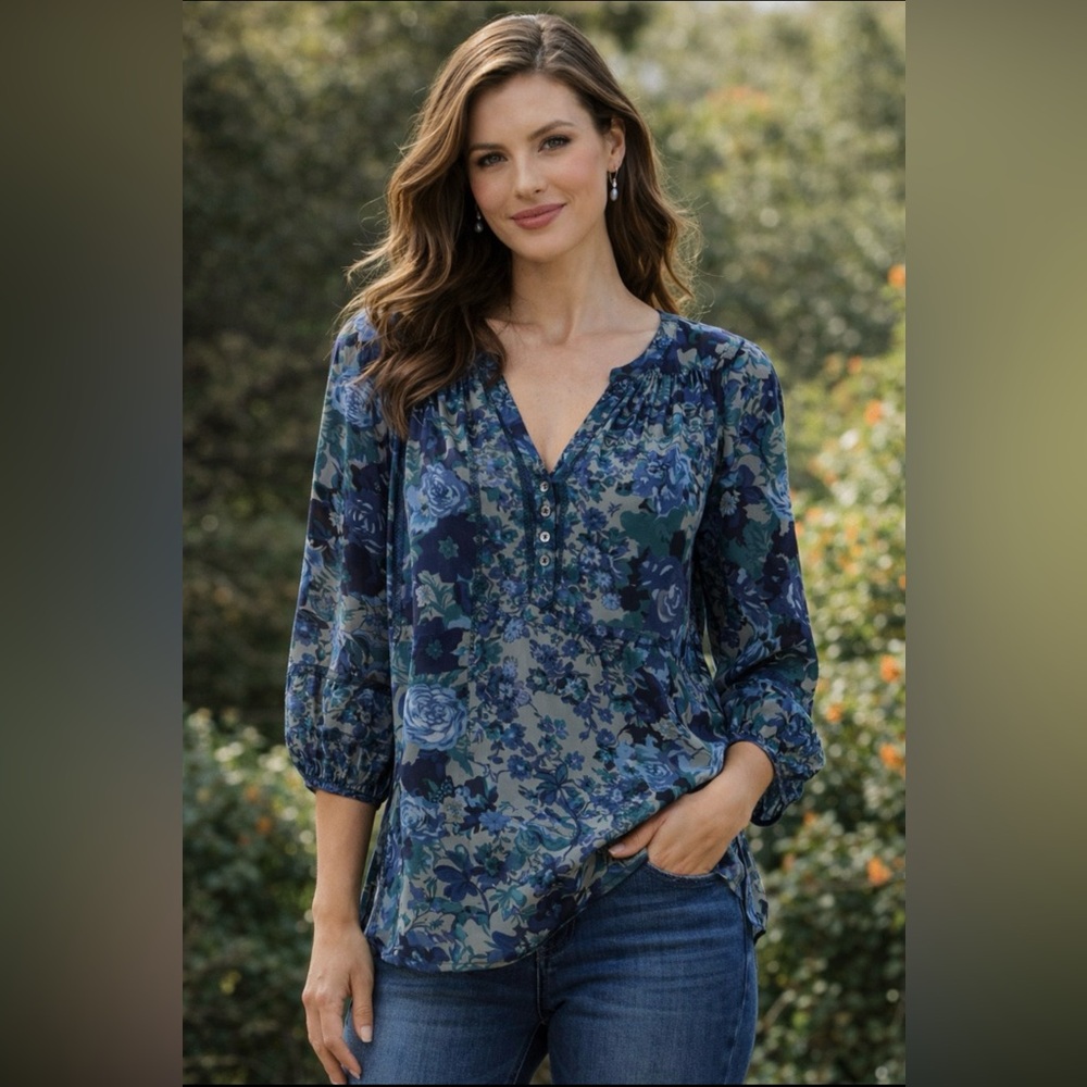 JOIE Top Blue Green Extra Small XS 3/4 Long Sleeve Silk Florals Lightweight